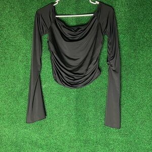Fitted Black Ruched Blouse with Long Sleeves